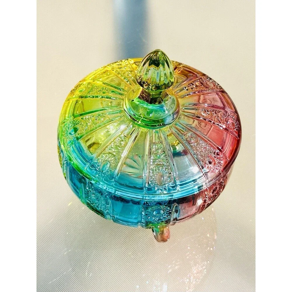 Glass Candy Dish Rainbow Jar 16oz Colorful Embossed Vintage Bowl with Lid